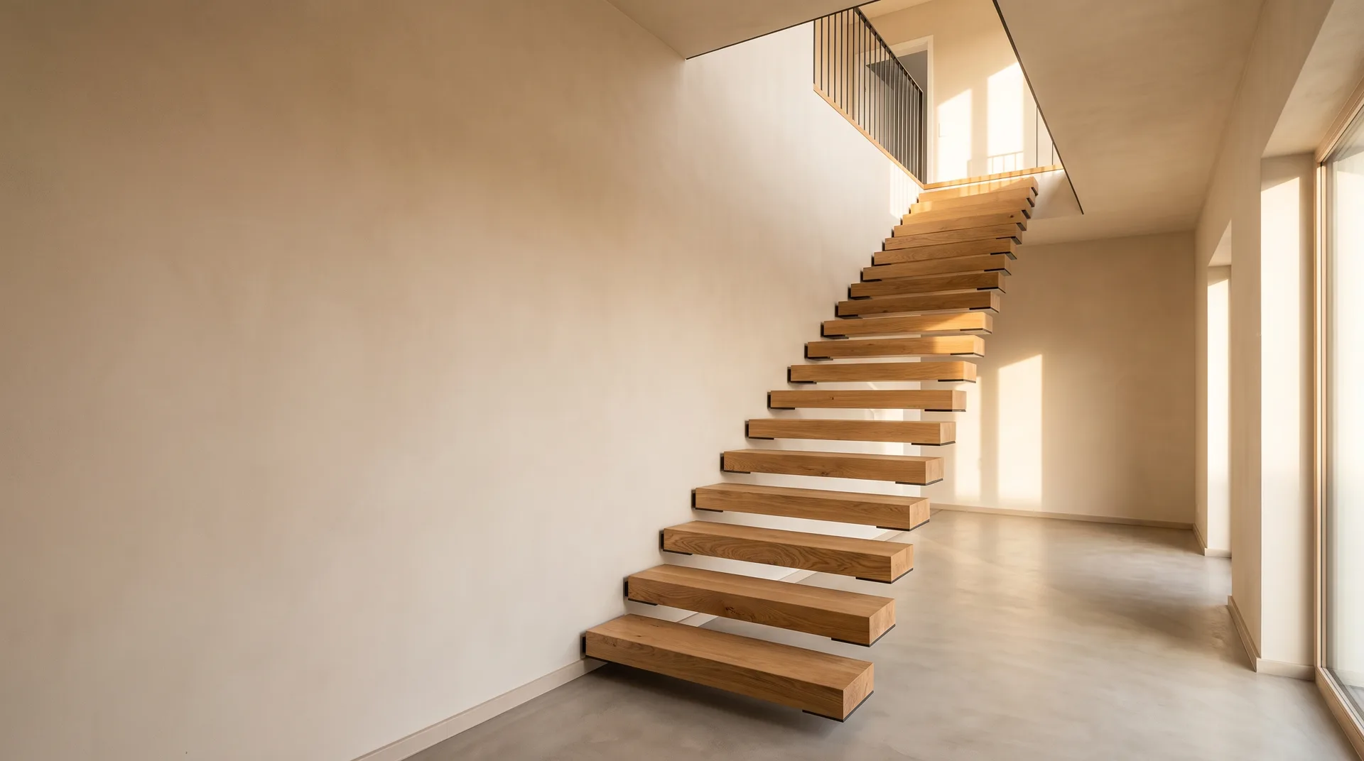Freitragende Eichentreppe, Stufen in die Wand eingelassen, in einem hellen modernen Treppenhaus